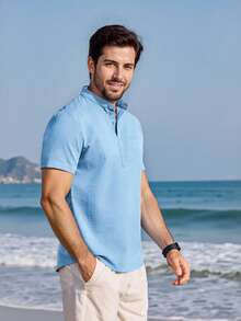 Men's Solid Color Short Sleeve Casual Polo Shirt For Commuting - Blue - View 4