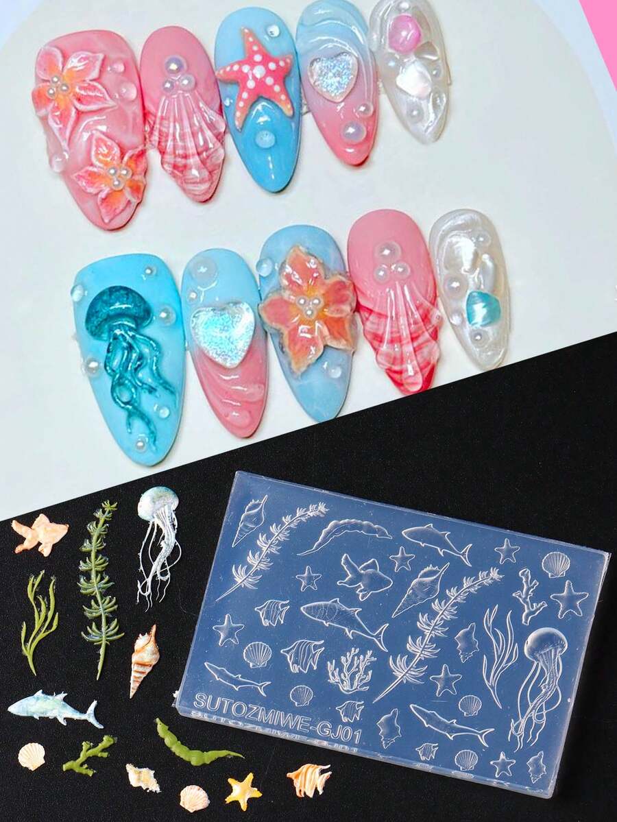 5D立体浮雕蓝色海洋水母海豚海星贝壳美甲模板硅胶雕刻模具，海底世界海藻夏季美甲模板，夏威夷度假模具，美甲印刷板，美甲工具，美甲用品（适用于按压式美甲片）