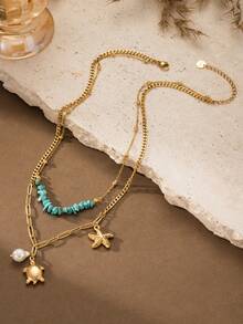 不锈钢波西米亚海龟和海星搭配绿松石点缀多层项链，适合海滩、度假、情人节礼物 - 雙層項鍊 - 查看 4