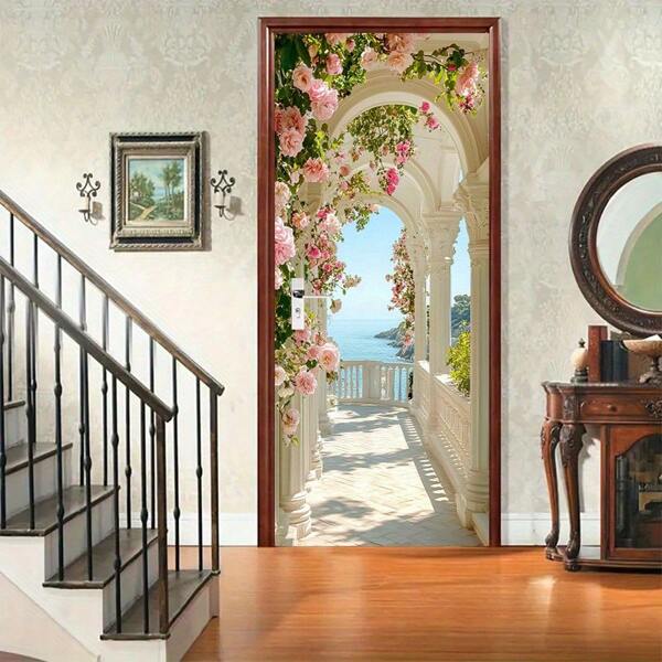 1pc Modern Style White Arch Decor With Rose Ornament, Includes Sea View Door Sticker, Removable Paper Wall Decal For Bedroom Abstract Art, No Power Or Battery Required, Rectangular Shape Wall Decor Room Decor Stickers Personalised Stickers