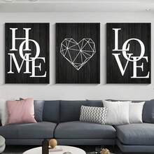 三联黑色木纹爱情海报及印刷品，高品质帆布印刷，黑白帆布艺术画，北欧风格家居装饰，适用于客厅、卧室墙面装饰，可选无框/有框。