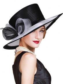 HIMESPORT Sombreros de boda para mujer verano 2025 - Bombín vintage con ribete de cinta de encaje, sombrero de cúpula elegante de ala ancha para el té, la iglesia y los accesorios nupciales, diseño de copa plana ajustable negro/blanco