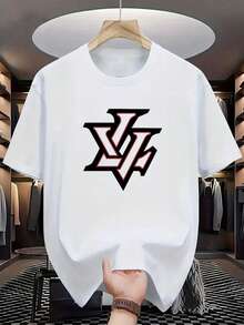 Fashion new men's breathable short-sleeve T-shirt for summer, high-quality round neck  printed sports top' + White T-shirt with black and red logo. Suitable for both sports and everyday casual wear. - Blanco - Ver 1