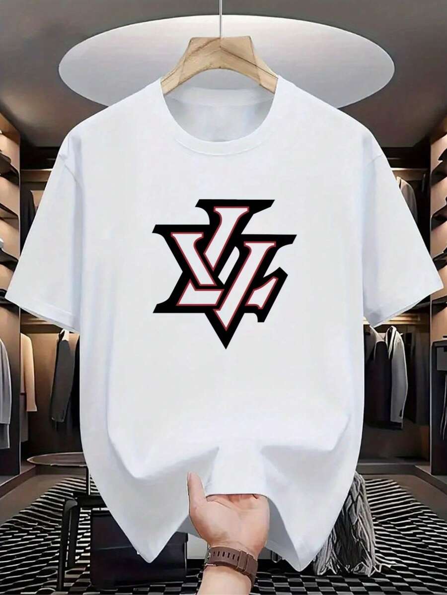 Fashion new men's breathable short-sleeve T-shirt for summer, high-quality round neck printed sports top' + White T-shirt with black and red logo. Suitable for both sports and everyday casual wear. - Blanco - Ver 1