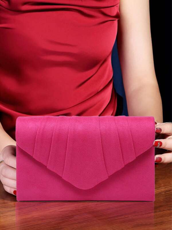 This Is A Handheld Evening Clutch Bag. It Is Convenient To Open And Close, And The Interior Space Can Accommodate Items Such As A Mobile Phone, Lipstick, And Bank Cards. It Is Made Of A Bright Fuchsia Velvet Material With A Unique Crinkled Texture, Which Is Fashionable And Eye-Catching. It Is Suitable For Use On Occasions Such As Parties, Concerts, And Fashion Events, And Can Easily Enhance Your Overall Look.