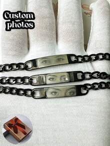 1pc Customized Eye Photo Couple Bracelet, Stainless Steel Chain Laser Engraved Picture Bracelet, Engraved Picture Stainless Steel Jewelry, Gift For Boyfriend, Anniversary Gift