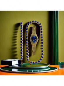 Set de joyería de 3 piezas estilo europeo y americano hip-hop con diamantes completos, reloj, collar y pulsera con rhinestones, correa de metal y calendario, regalo para estudiantes hombres y mujeres