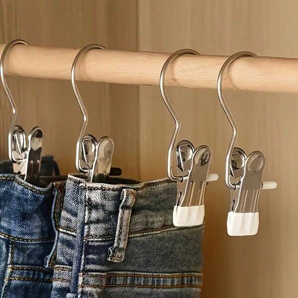 10 clipes de aço inoxidável com ganchos, prendedor de roupas de aço inoxidável, clipes sem costura para pendurar meias e roupas íntimas, clipes de secagem multiuso, ganchos antiderrapantes e antiferrugem, economia de espaço, prendedores de roupas multifuncionais