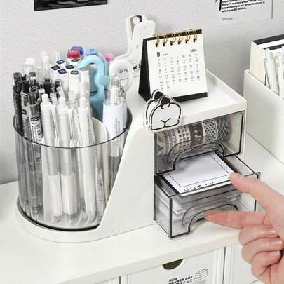 Organizador de Mesa Porta Caneta Com 2 Gaveta e Giratorio