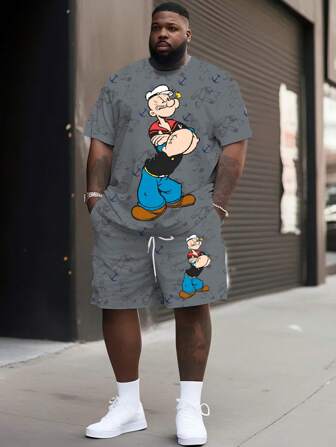 2 pezzi Set da uomo taglie forti con maglietta a maniche corte con stampa di personaggi dei cartoni animati e pantaloncini con coulisse, outfit casual quotidiano, comodi