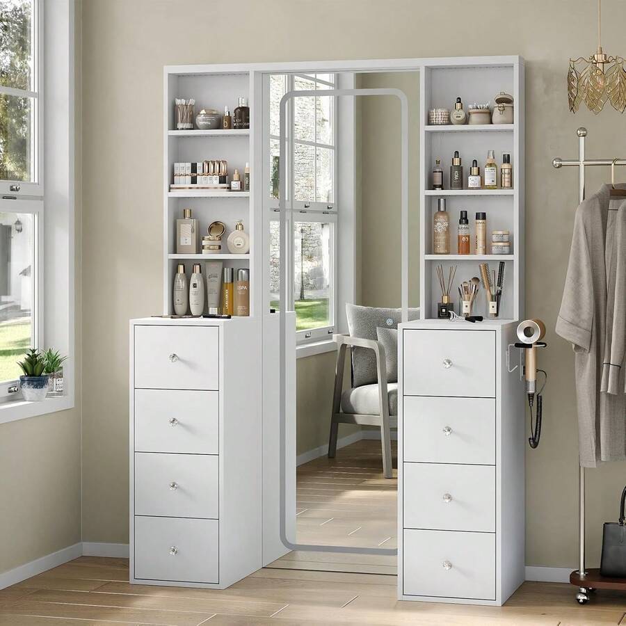 FUSOU Vanity Desk With Full Length LED Mirror, Makeup Vanity With Power Outlet, 3 Color Modes, Brightness Adjustable, 8 Drawers With Shelves Vanity Table For Bedroom - 美規B型插(110-127V) - 查看 1