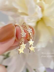 JOJELOO 1 Pair Of Unique Copper Micro Inlaid Star Shaped Earrings, New European And American Style Cubic Zirconia Twin Meteor Gorgeous Earrings. Suitable For All Seasons, Suitable For Women's Academic/Business/Vacation/Party/Daily Wear