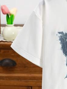 2 件/套女孩休闲蝴蝶印花牛仔 T 恤和牛仔短裙，带刺绣蝴蝶装饰 - 白色 - 查看 4