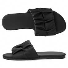 Women Sandals Square Toe Pleated Flat Summer Slippers Effortless Style - 黑色 - 查看 8