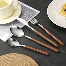 5/20/30pcs Stainless Steel Cutlery Set With Wooden Handles, Includes Knife, Fork, Spoon, Teaspoon, Suitable For Home Kitchen, Hotel, Party Use