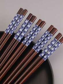 Natural Wooden Chopsticks, Antibacterial Anti-Mold Non-Slip, Japanese Style Sharp Tip Floral Ceramic Square Design, Household Printed Chopsticks,School Supplies