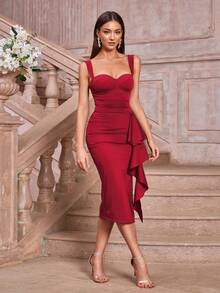 CurvySweet Classic Elegant Fitted Midi Dress With Ruffle Hem, Boned Bodice, Suitable For Business, Social Events, Wedding Party Dress,Valentines Day Dress - Red - View 4