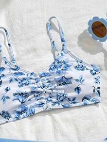 Young Girl Floral Print Spaghetti Strap Bikini Set Set With Cover Up Pareo Skirt, Summer Holiday - Blue - View 4