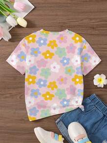 Camiseta de cuello redondo de manga corta con estampado floral para niñas, blusa casual para niños