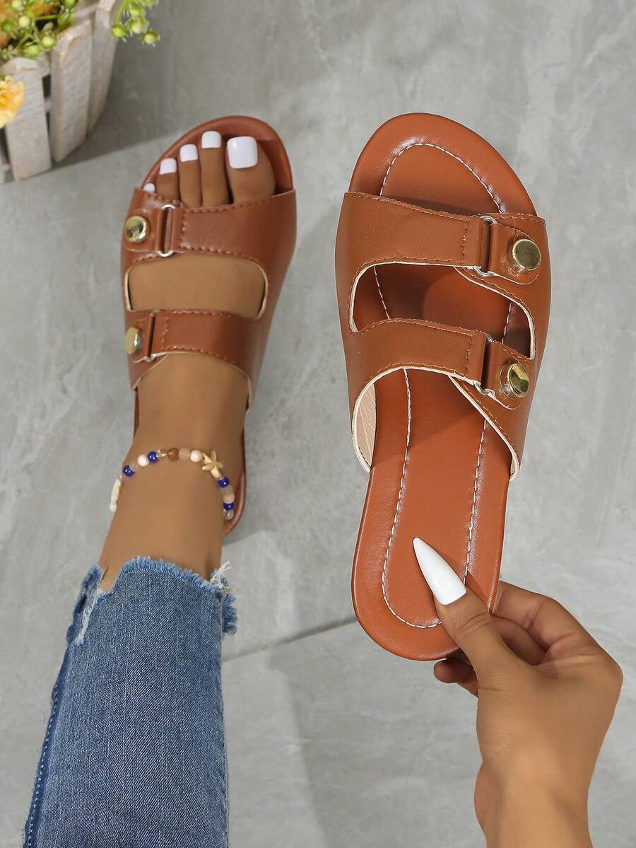 Damskie wygodne płaskie sandały casualowe, buty z odkrytymi palcami i paskiem na kostce w jednolitym kolorze, codzienne sandały outdoorowe - Brązowy - Zobacz 1