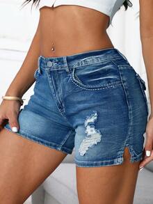 "Elegant Women's Stretch Low-Rise Denim Shorts - Bold Stitching & Flap Pockets, Chic Style For Everyday Comfort" - Rửa trung bình - Xem 5