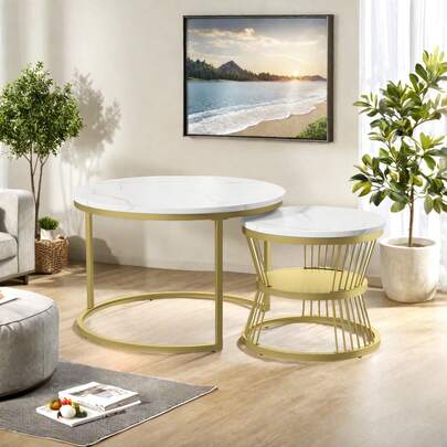 Set di 2 tavolini rotondi, tavolino moderno in marmo con struttura in metallo, rotondo, color oro, tavolo per soggiorno, balcone o uso esterno, 70 x 70 x 45,5 cm (grande) + 45 x 45 x 40 cm (piccolo)