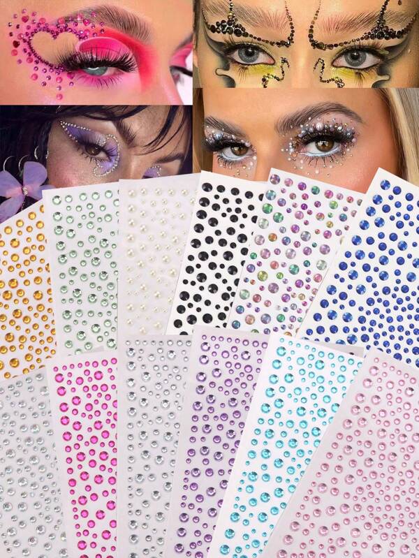 Pegatinas de rhinestones 3D brillantes en multipack, gemas de cristal artificial de colores brillantes para decorar el rostro y el Body, surtido de tamaños para manualidades, maquillaje Y2K, raves, fiestas de disfraces y decoración de ojos, 1 pieza