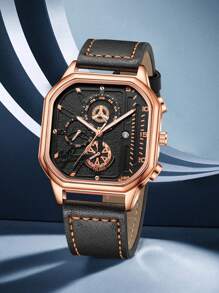 1 peça Relógio de Homem com Pulseira de Couro PU Preto, Fashionable Business Classic Mostrador Retangular Digital de Escala Quartzo, Adequado para Combinação de Roupa Diária, Presente de Férias Perfeito