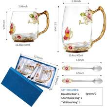 Tea Cup Glass Coffee Mugs,Fancy Tea Cup Set Birthday Christmas Valentine's Day Gift Idea For Tea Lover And Women Novelty Coffee Mugs Rose Flower Enamel Tea Cup Glass Mug With Spoon Set - 金色 - 查看 4