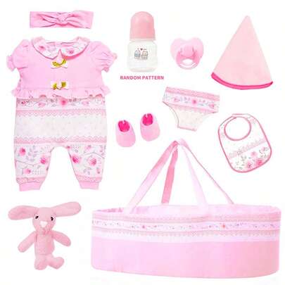 16-18 英寸仿真娃娃重生娃娃粉色小花衣服套装包括奶瓶奶嘴抱被睡篮兔子娃娃围兜套装送给宝宝的完美礼物！圣诞节万圣节生日礼物婴儿娃娃配件（不含娃娃）