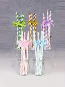 1 Set/3pcs Sparkling Bowknot Decorated Straws, Cute Cartoon Striped Paper Straws For Wedding Gender Reveal Christening Party Decorations, Birthday Party Supplies,School Supplies
