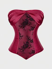 Corset Top Strapless Corset Bodyshaper Bustier Lingerie Satin Lace Up Boned Corset Vintage Corsets For Women - 酒紅色 - 查看 1