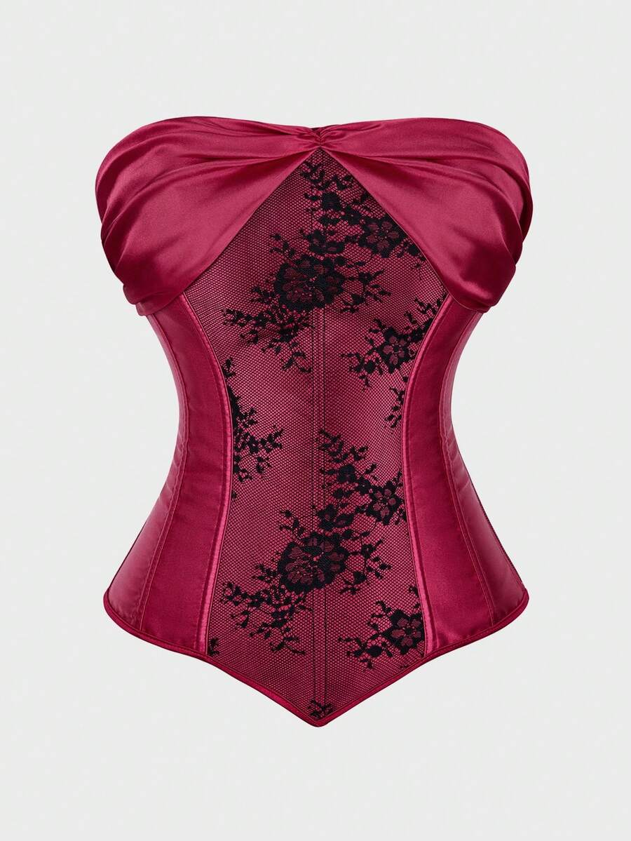 Corset Top Strapless Corset Bodyshaper Bustier Lingerie Satin Lace Up Boned Corset Vintage Corsets For Women - 酒紅色 - 查看 1