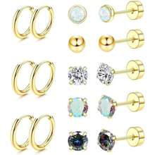 8 Pairs Of Medical Stainless Steel Earrings For Sensitive Ears, Small Opal Balls CZ Flat Back Stud Earrings, Hypoallergenic Hoop Earrings For Men And Women 20G Cartilage Earrings