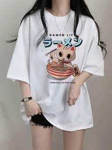 Women's Loose Black Printed T-Shirt - Short Sleeves, Loose Fit, Machine Washable, Japanese Text, Panda Pattern Design