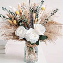 65 pièces Bouquet de roses artificielles avec herbe de la pampa & brins d'amour - Roses blanches élégantes, fleurs séchées beiges et marrons pour la décoration intérieure, centres de table de mariage, coffret cadeau de la Saint-Valentin, arrangement de fête, coffret cadeau romantique Bouquet de style naturel Fleurs de tons neutres