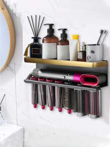 Estante de almacenamiento para rizadores y soporte para secador de cabello, soporte montado en la pared para varita rizadora y secador de cabello, soporte para herramientas de peinado sin perforación para el cabello, estante organizador de secador de cabello para baño, dormitorio y salón de belleza con material de aleación de aluminio, 2 métodos de instalación (perforación y no perforación)