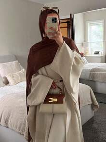 1pc Women's Solid Color Classic Cardigan Robe, Loose Linen Comfortable Relaxed Fit Abaya Outerwear Shawl, Suitable For Daily Wear And Festivals - Apricot - View 5