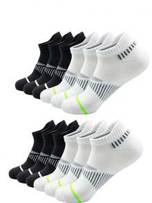6/12 双装男士短袜，黑白配色，白色袜子饰有灰黑条纹和荧光绿滚边，黑色袜子饰有灰白条纹细节，舒适吸湿排汗运动袜，适合日常锻炼、健身和休闲穿着。 - 彩色 - 查看 3