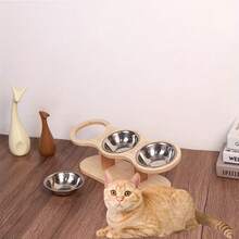 15°倾斜升高猫碗，防呕吐设计，可调节狗碗木架，3个不锈钢碗，适用于猫和小型犬 - 棕色 - 查看 4