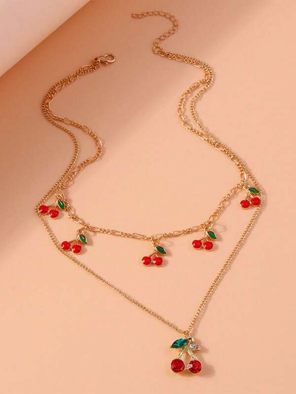1 pieza Collar de cadena de clavícula de metal con diseño lindo y dulce de cereza