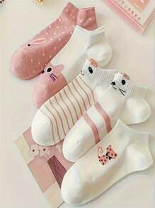1 Pair/10 Pairs/20 Pairs/30 Pairs Of Random Spring And Summer Style Pink Candy Color Cute Cat Strawberry Flower Japanese Sweet Cute Ins Style Girls Campus Sports Daily Versatile Soft Skin Friendly Comfortable Sweat Absorbing Breathable Women's Short Socks
