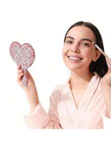 1个镶钻雕刻手持镜，水滴形，饰有闪亮水钻，ABS手柄，时尚化妆镜，公主风，适合补妆、家居装饰、返校房间装饰、学习用品 - 彩色 - 查看 5