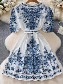 Women Floral Print Lantern Sleeve Mini Dress - Blue - View 7