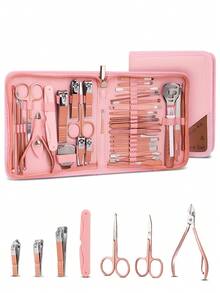 6/32/38pcs Stainless Steel Nail Clipper Set With Portable Case, Manicure Tools, Pink Nail Trimmer, Ear Wax Removal Tool Set, Spiral Rotating Ear Pick, Cleaning Ear Pick - Pink - View 3