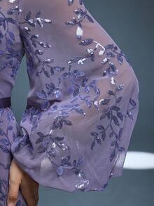 Mgiacy New Arrival High Neck Elegant Evening Gown Dress Sequin Perspective Lantern Sleeve Bodycon Mermaid - 紫色 - 查看 11