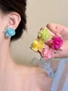 1 Pair Women's Colorful Woven Floral 3D-Shape Stud Earrings, Jewelry Gift - Hot Pink - View 12