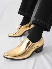 Men's Glossy Pointed Toe Slip-On Dress Shoes, Business Formal Casual Elevator Shoes - Gold - View 3