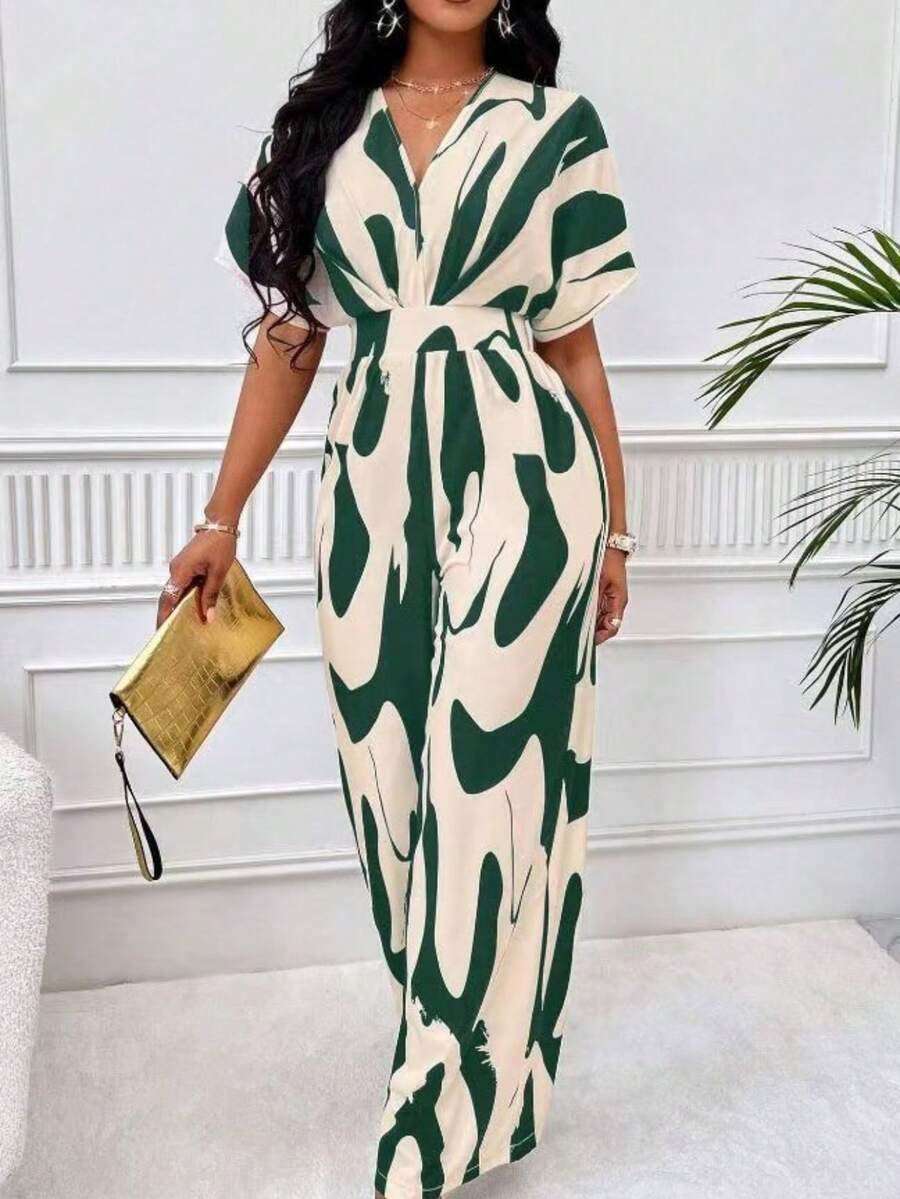 Women's Color Block Print V-Neck Short Sleeve Jumpsuit - Green - View 1