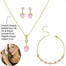 18k Gold Plated Semi-Jewelry Kit - Set With Bracelet, Chain, Pendant And Heart Earrings - 淺粉色 - 查看 3